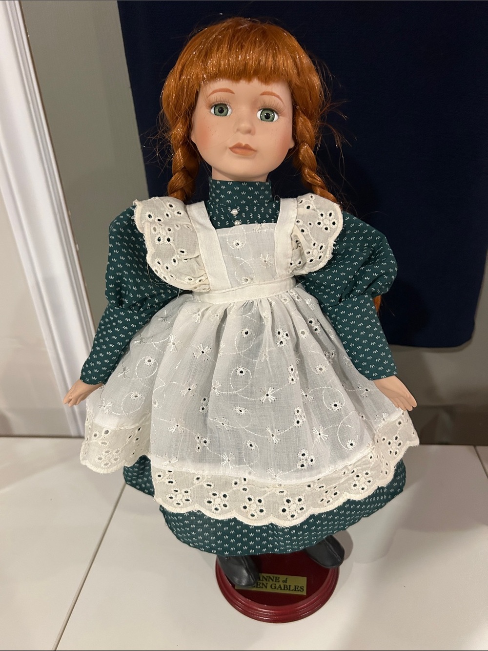 Anne of Green Gables Redhead Porcelain Doll in Green Dress with White Apron